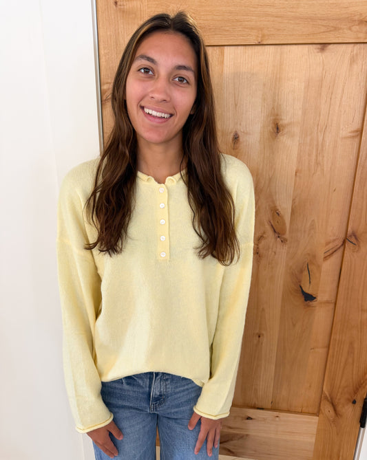 Raw Rolled Edge Henley Pullover Sweater, Butter Yellow