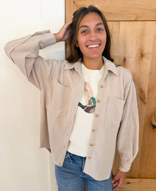 Rib Knit Exposed Seam Button Up, Oatmeal