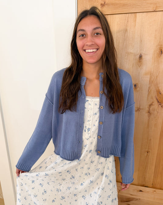 Raw Edge Seam Button Down Cardigan, Dusty Blue