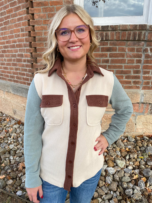 Color Blocked Knit Corduroy Shacket