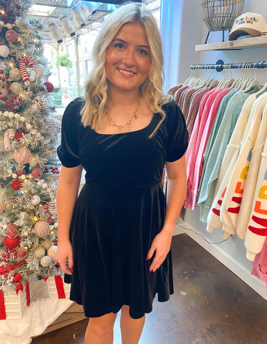 Square Neck Satin Tie Back Velvet Skater Dress