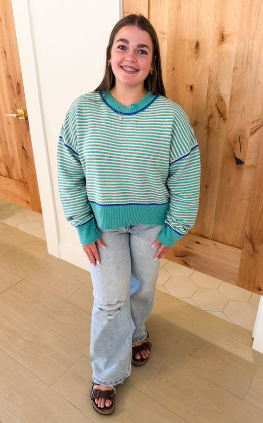 Contrast Stripe Sweater, Sea Foam
