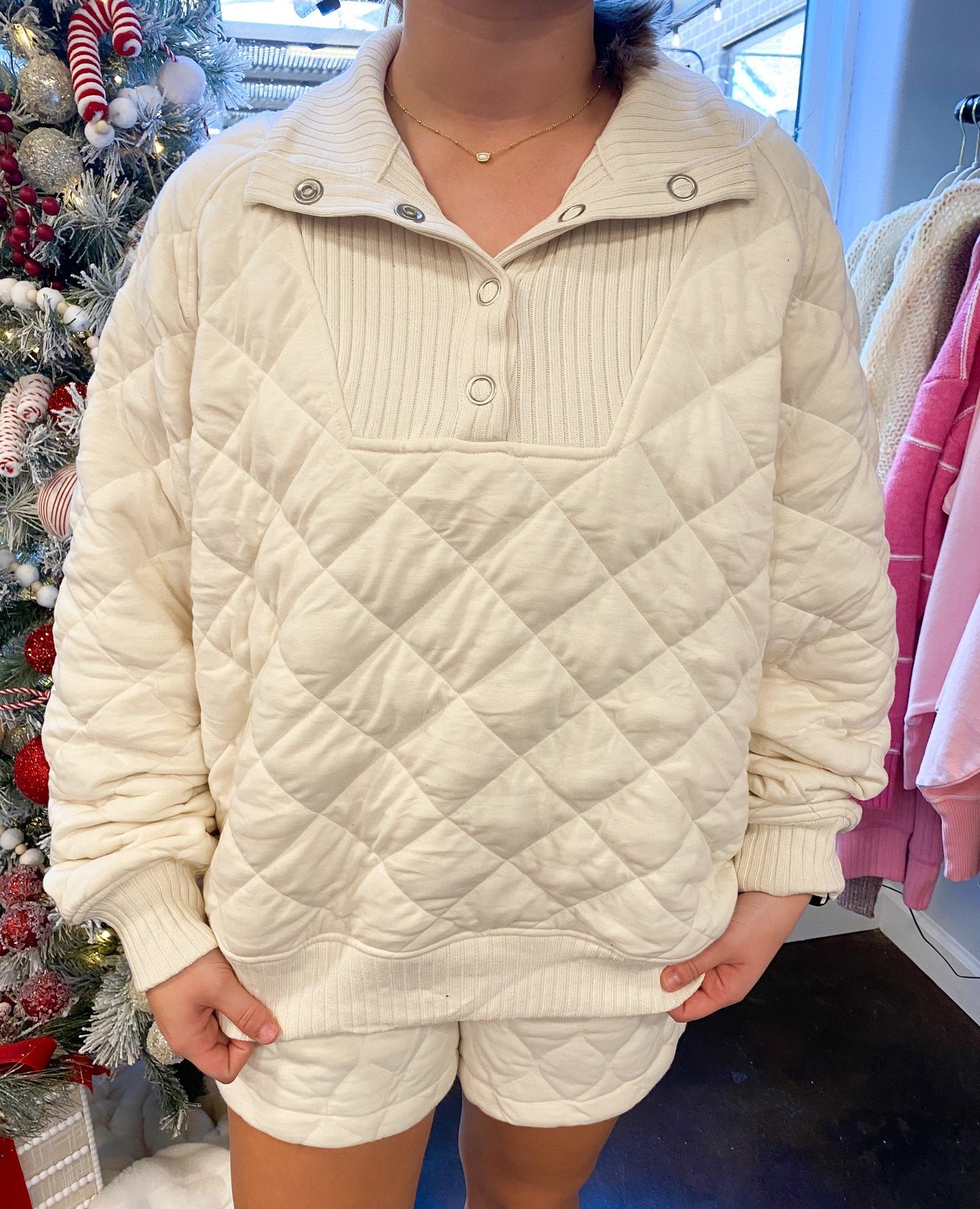 Quilted Snap Pullover, Bone