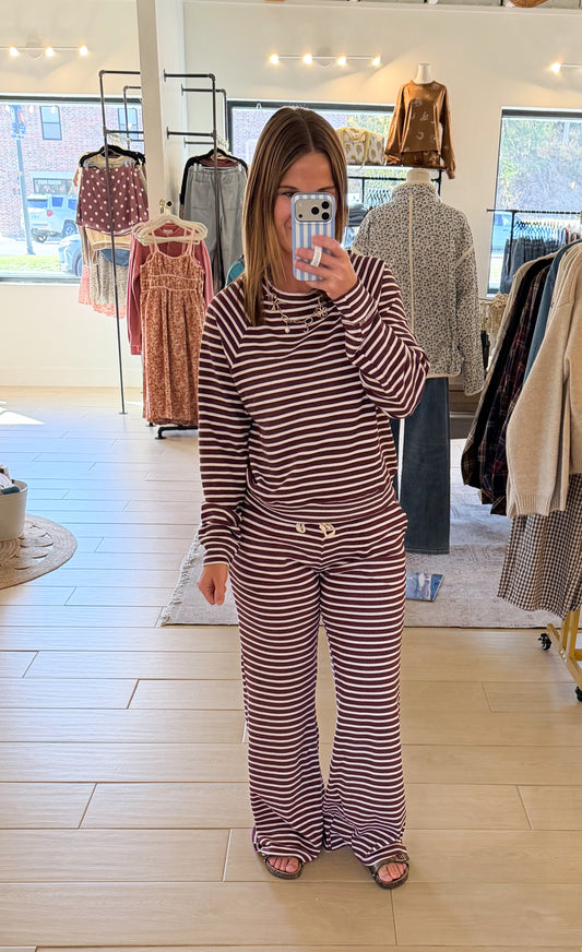 Low Rise Striped Waffle Knit Pants, Dark Cherry