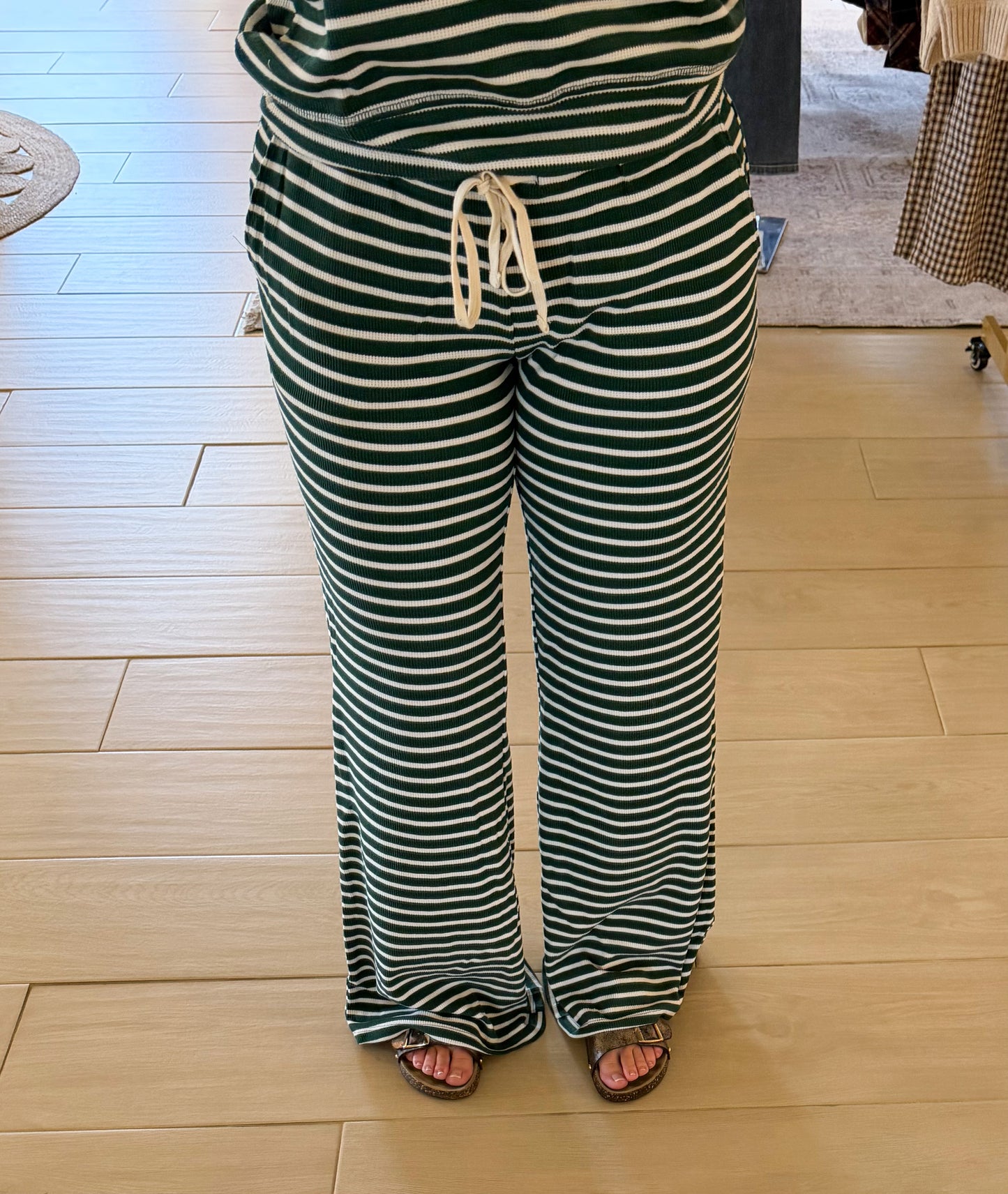 Low Rise Striped Waffle Knit Pants, Green