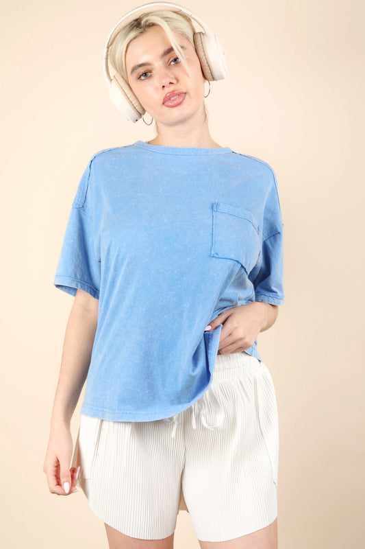 Mineral Washed Knit Top with Pocket, Blue