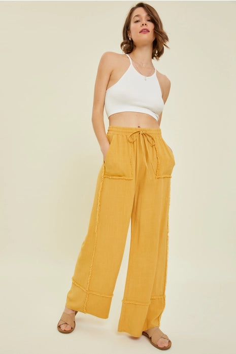 Mineral Washed Wide Leg Pants, Golden Yellow