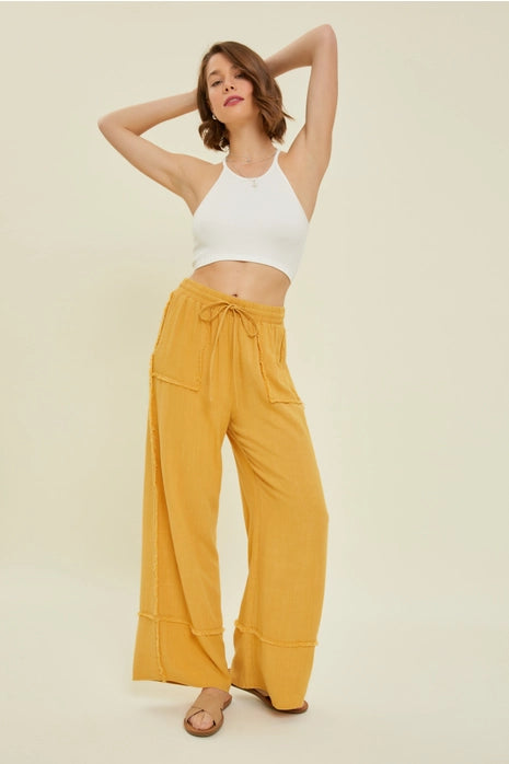 Mineral Washed Wide Leg Pants, Golden Yellow