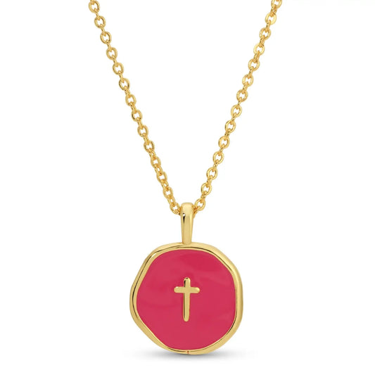 Minimal Cross Medallion Necklace, Bright Pink