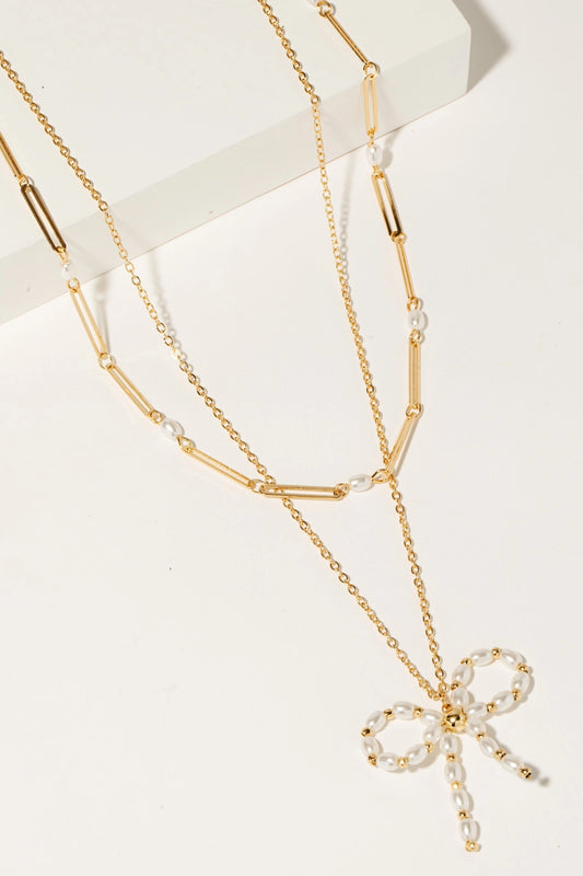Pearl Beaded Ribbon Bow Pendant Layered Chain Necklace