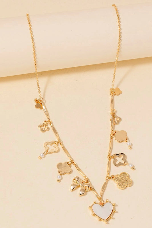Pearl and Clover Bow and Heart Charms Chain Necklace