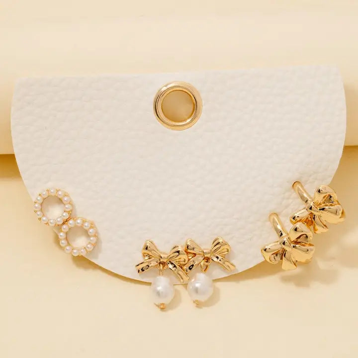 Pearls and Ribbon Bow Mixed Earrings Set