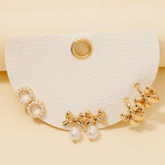 Pearls and Ribbon Bow Mixed Earrings Set