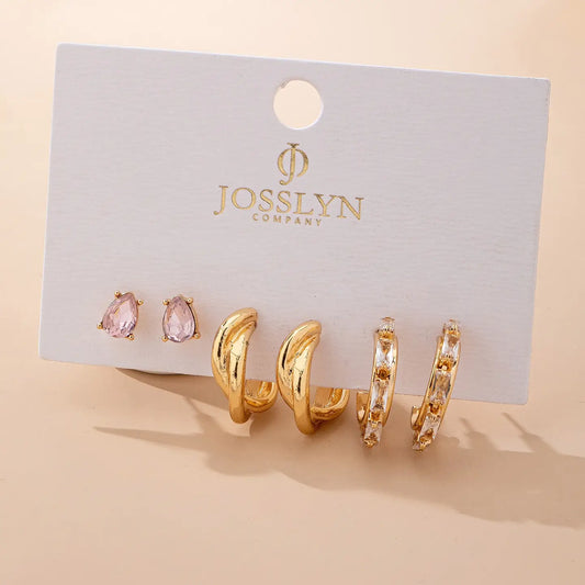 Pink Crystal & Gold Hoop Earring Set