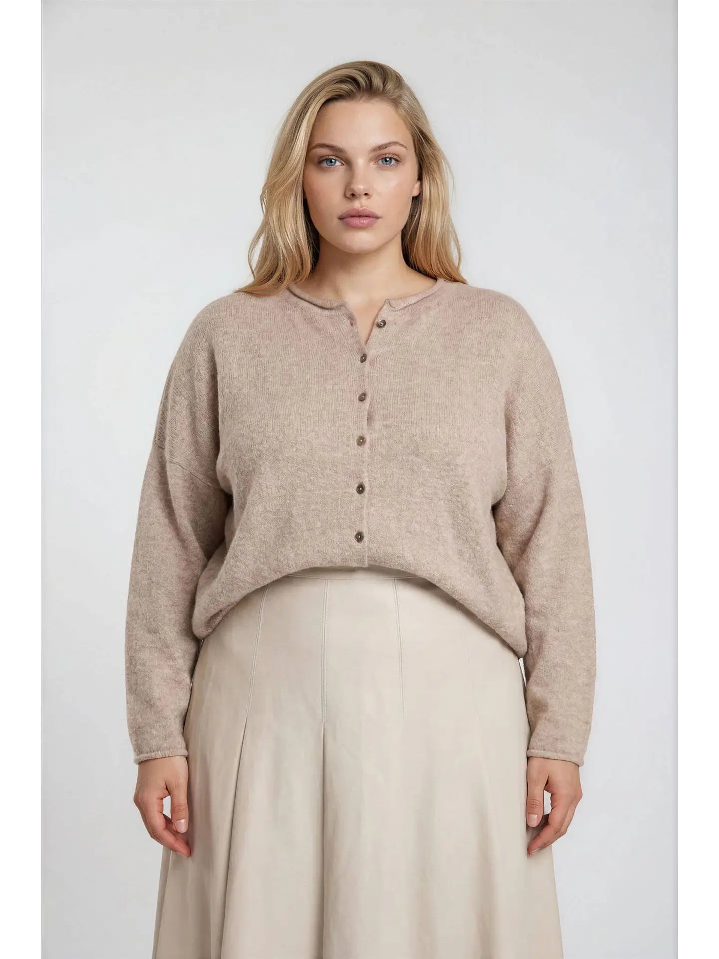 Plus Lightweight Button Down Knit Cardigan, Light Mocha