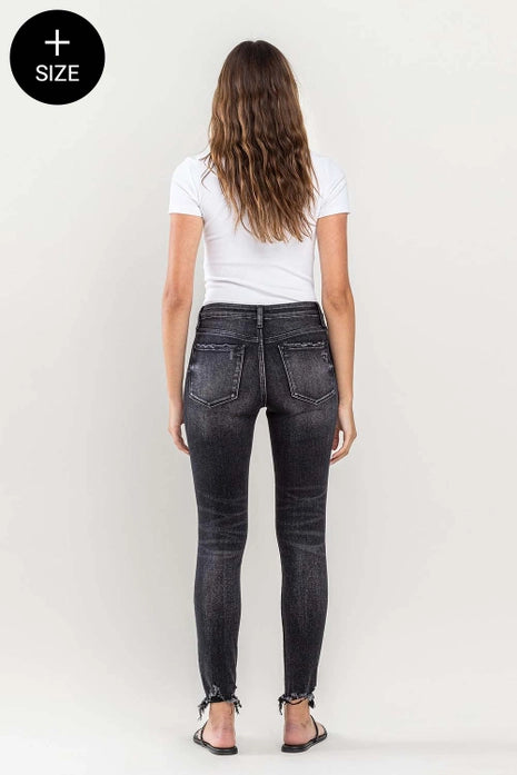 Plus- Vervet Mid Rise Uneven Raw Hem Crop Skinny Jeans, Black