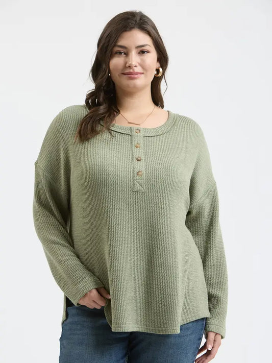 Plus Waffle Henley Long Sleeve, Light Olive