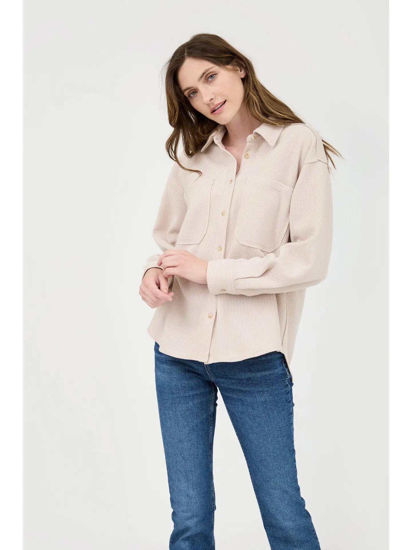 Rib Knit Exposed Seam Button Up, Oatmeal