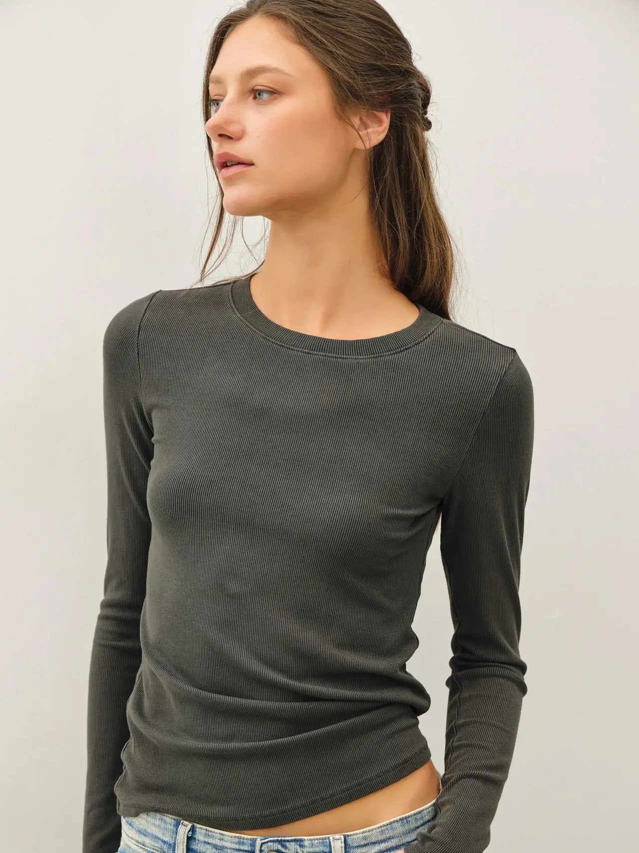 Ribbed Long Sleeve Basic Top, Charcoal