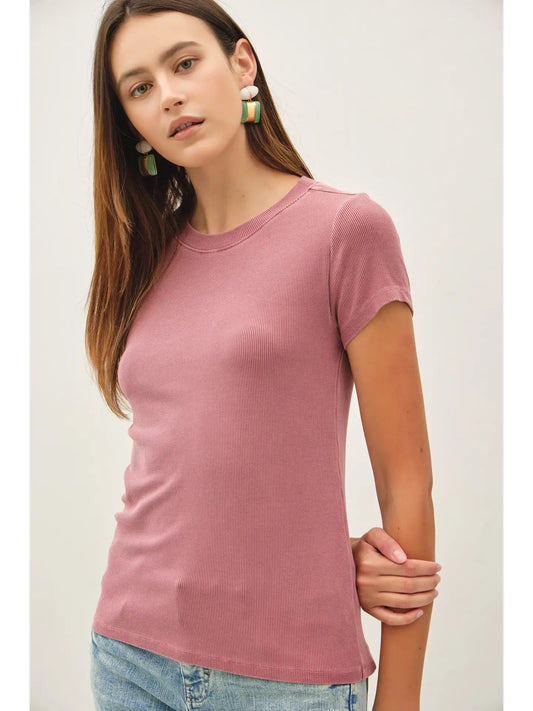 Ribbed Short Sleeve Basic Top, Foxglove
