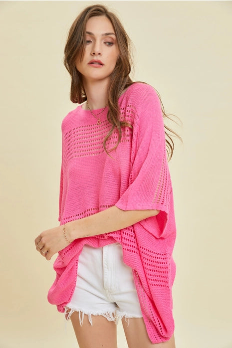 Sheer Boat Neck Cover-Up, Hot Pink