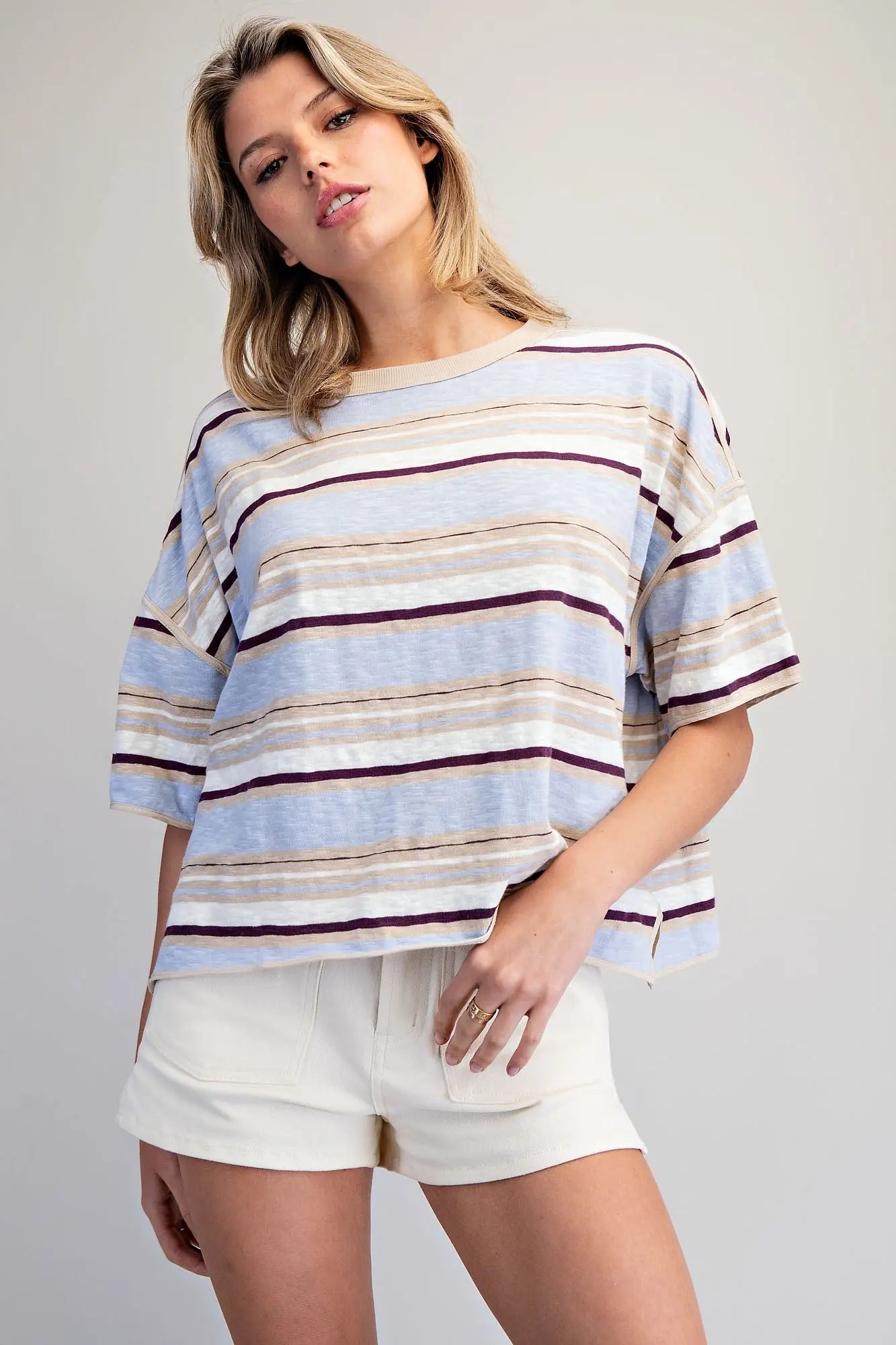 Striped Boxy T-Shirt, Blueberry