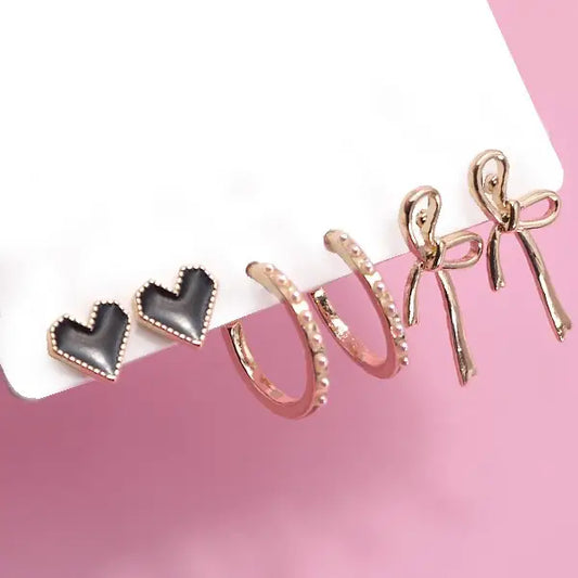 Trio Bow Hoop Heart Earrings