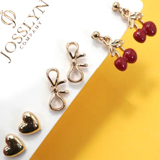 Trio Cherry Bow Heart Stud Earrings