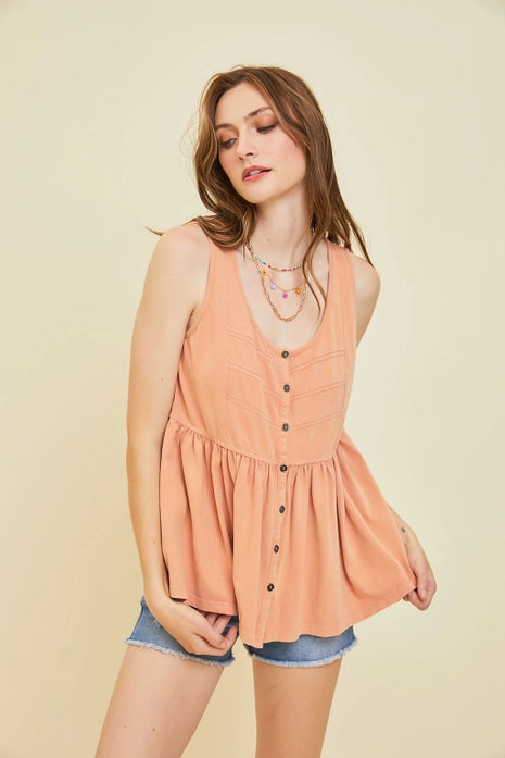 Washed Button-Down Knit Tank Top, Apricot