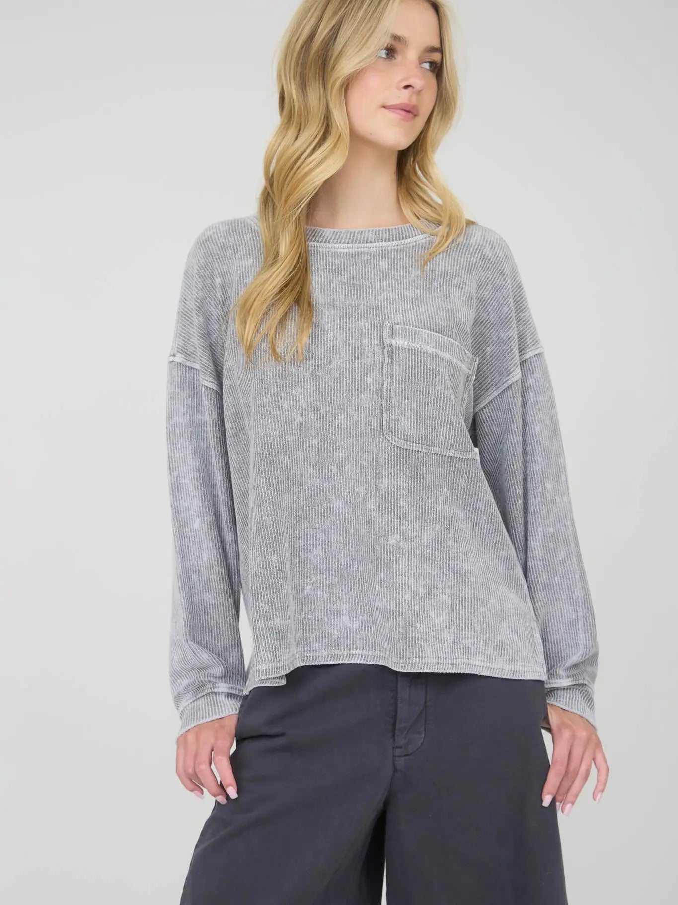 Washed Pocket Long Sleeve Rib Top, Multiple