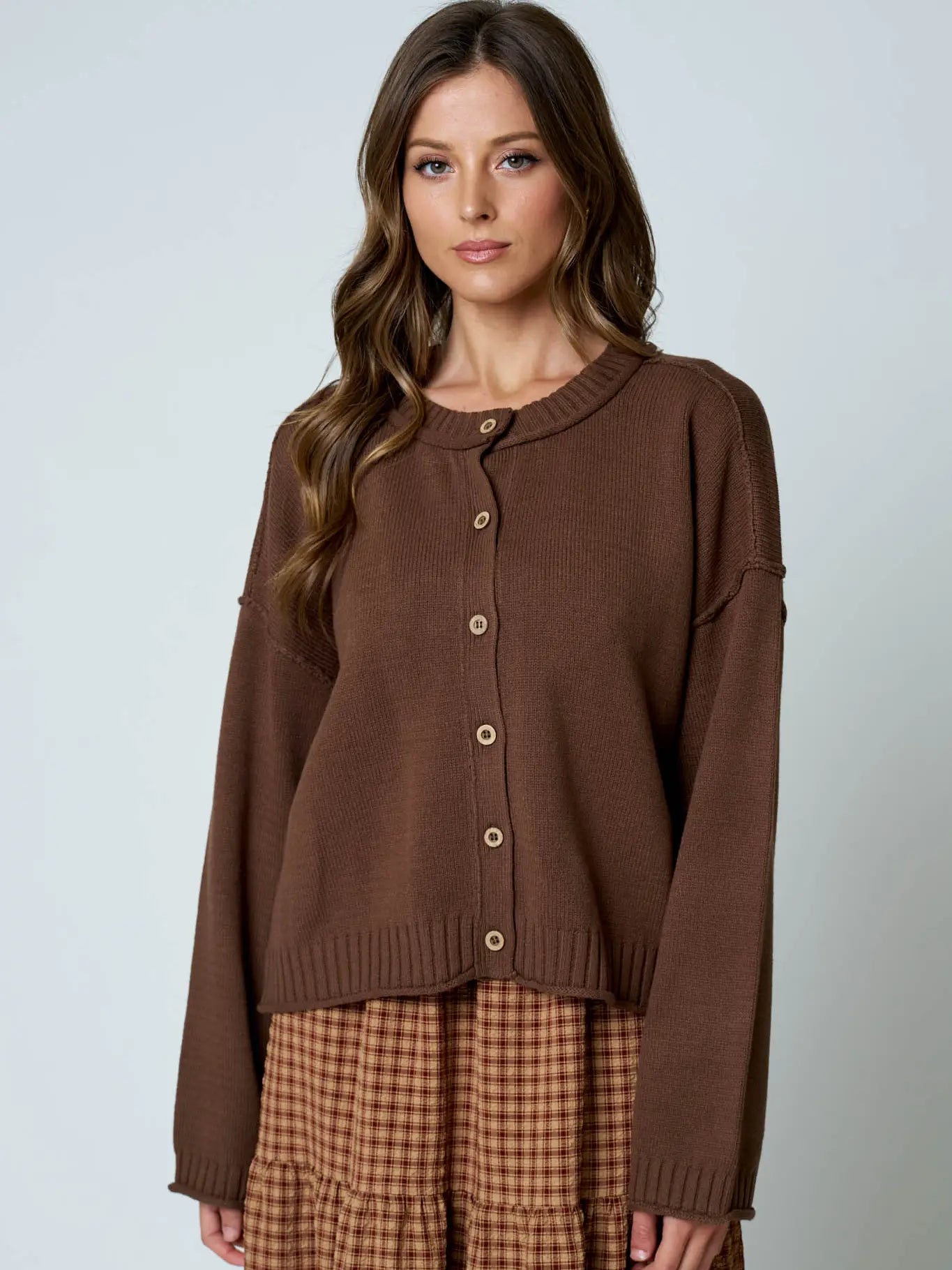 Raw Edge Seam Button Down Cardigan, Brown