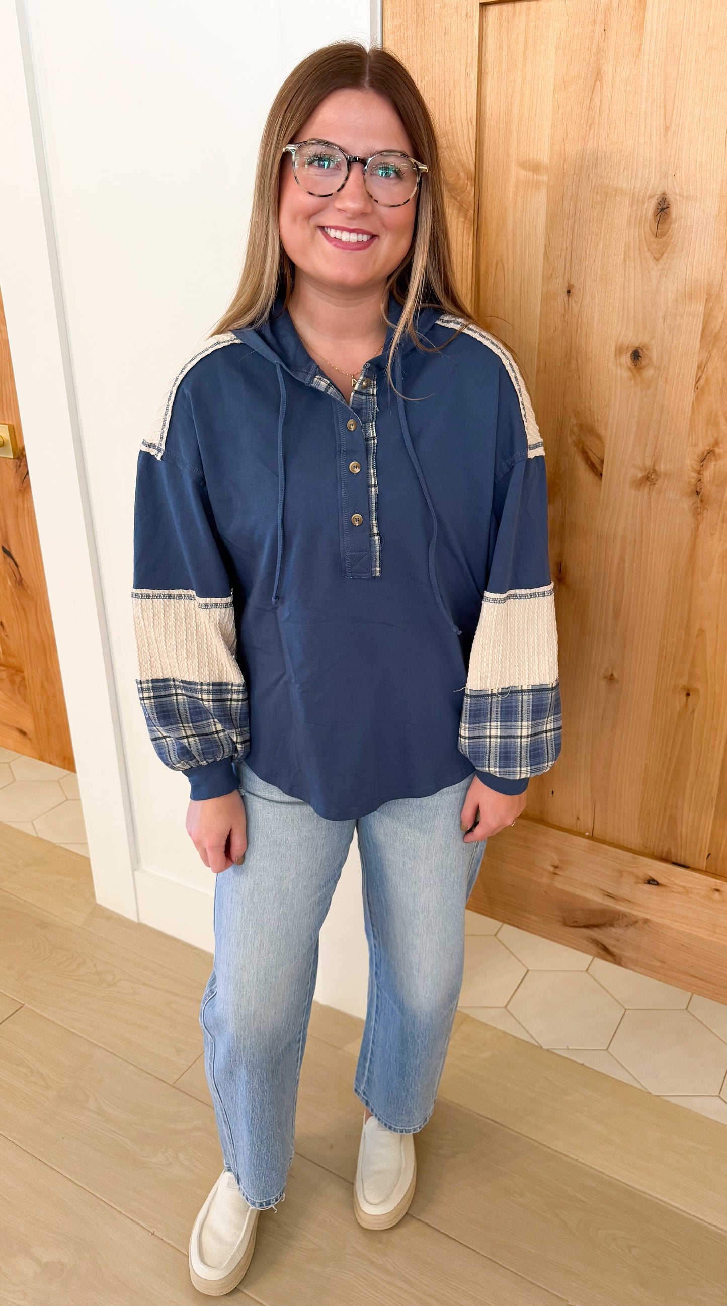 Plaid Contrast Hoodie Pullover, Denim