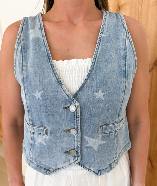 Star Print Denim Vest