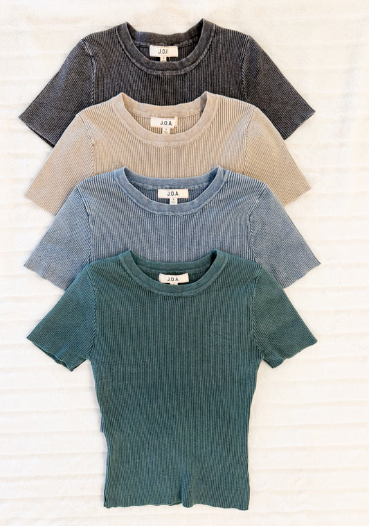 Washed Ribbed Short Sleeve Tee, Multiple Colors