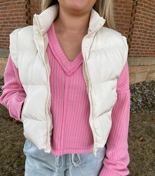 Side Bow Tie Front Zipper Crop Puffer Vest, Ecru