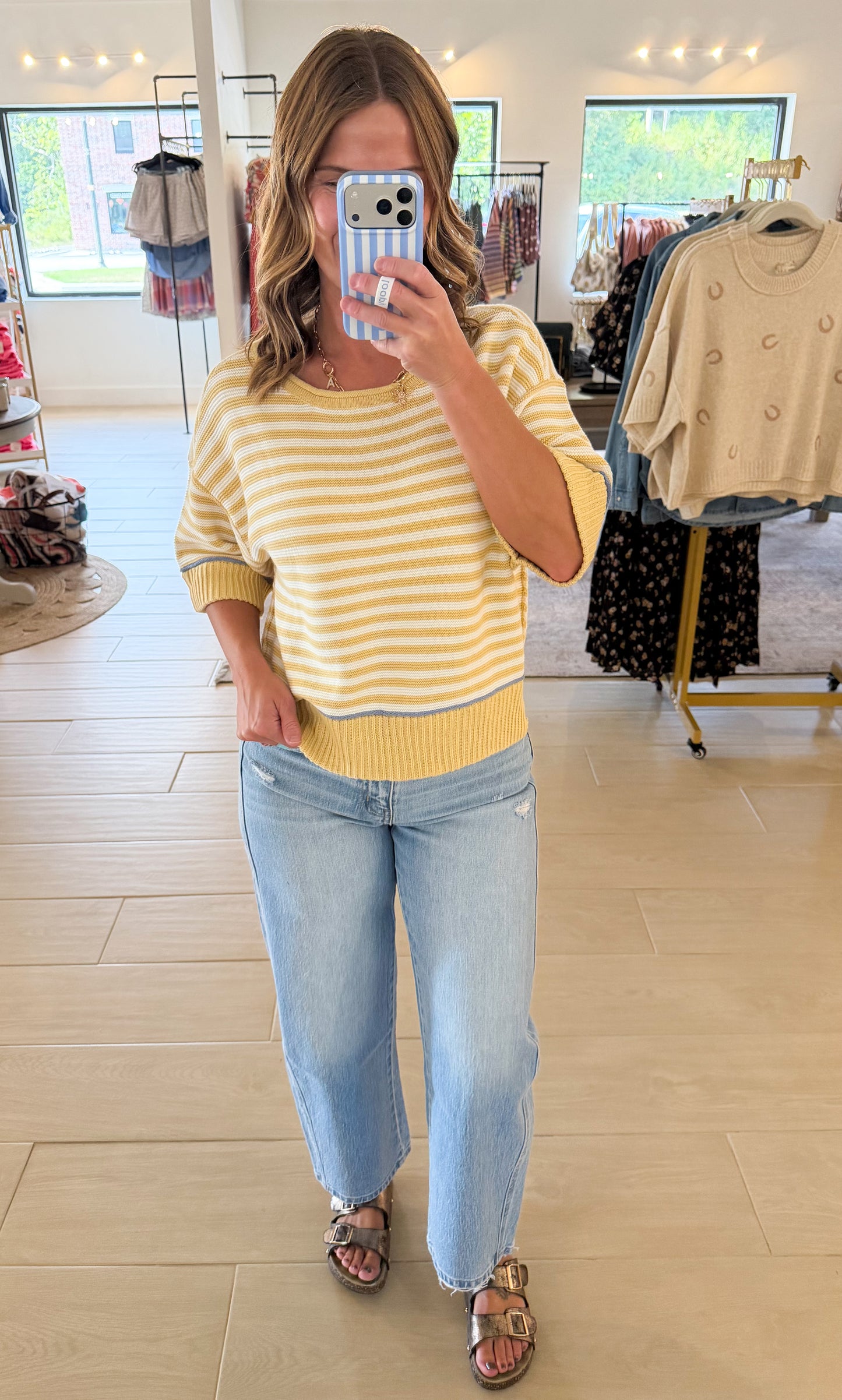 Stripe Contrast Half Sleeve Sweater, Butter Yellow