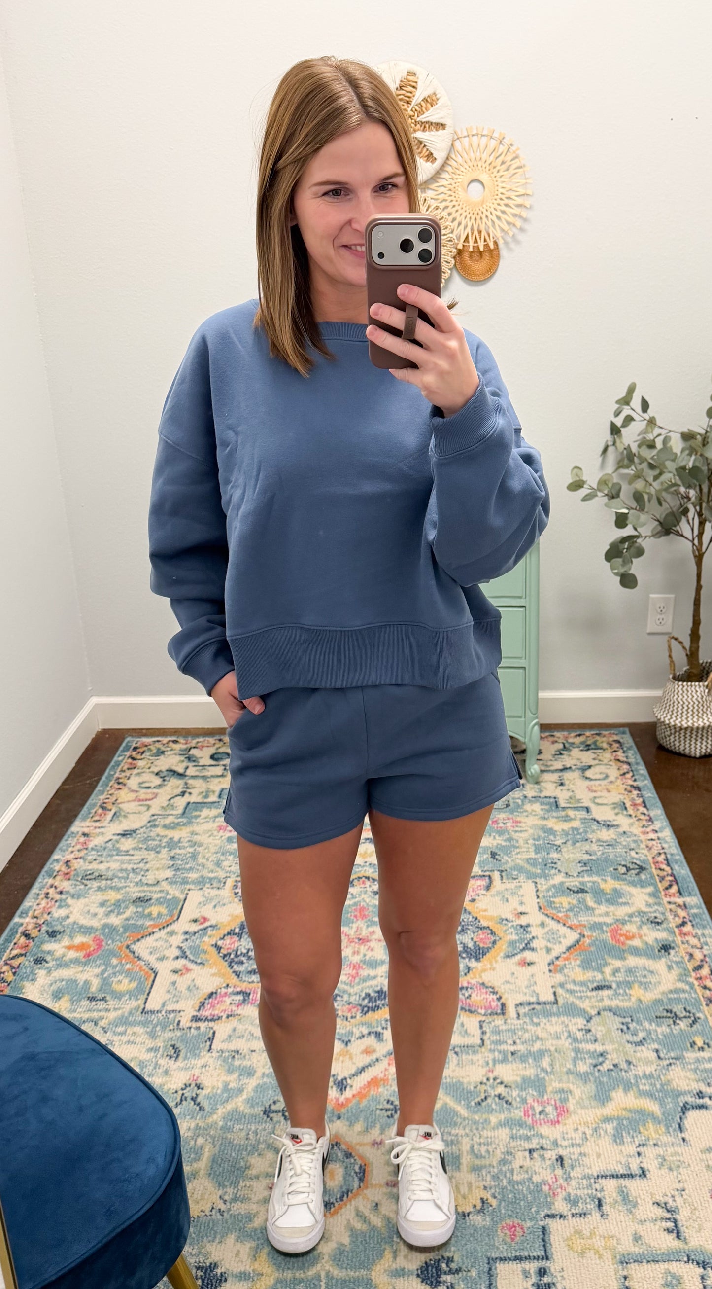 Fleece Long Sleeve Sweatshirt & Short Set, Dusty Blue