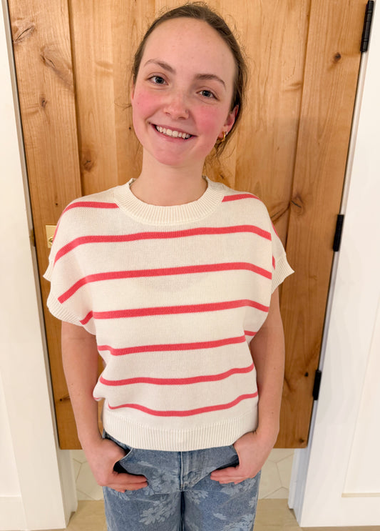 Striped Crew Neck Knit Top, Taffy