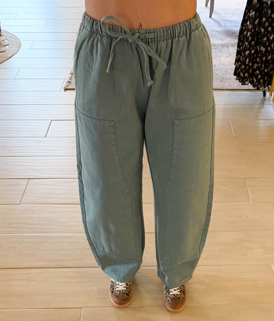 Drawstring Barrel Denim Pants, Olive