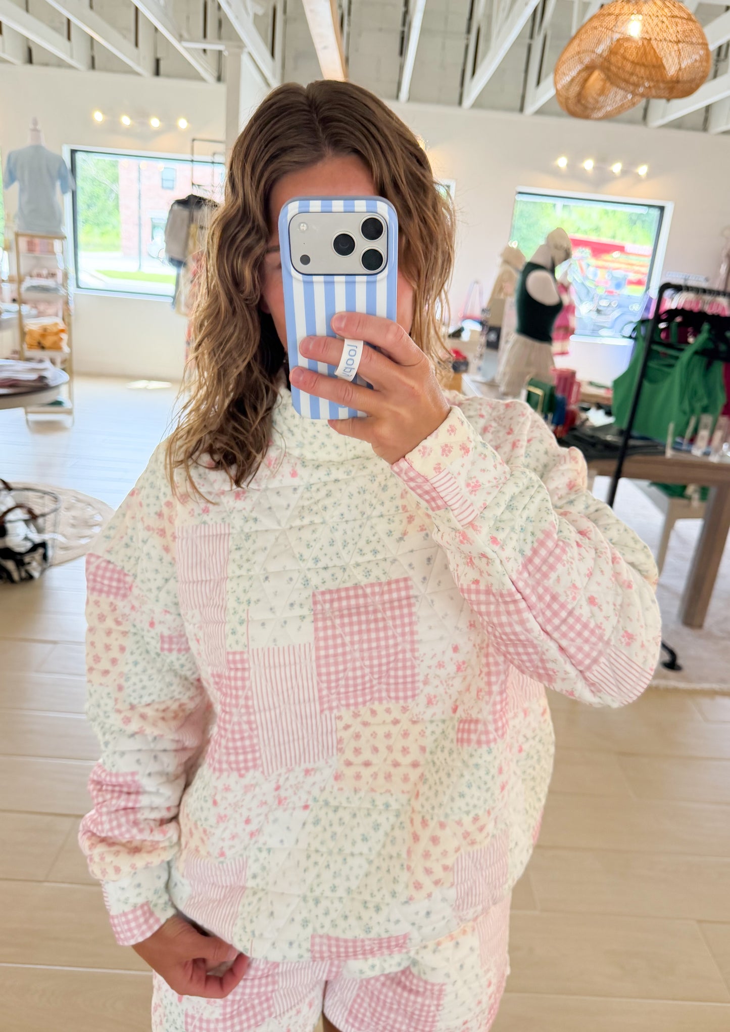 Patchwork Quilted Mock Neck Pullover, Pink