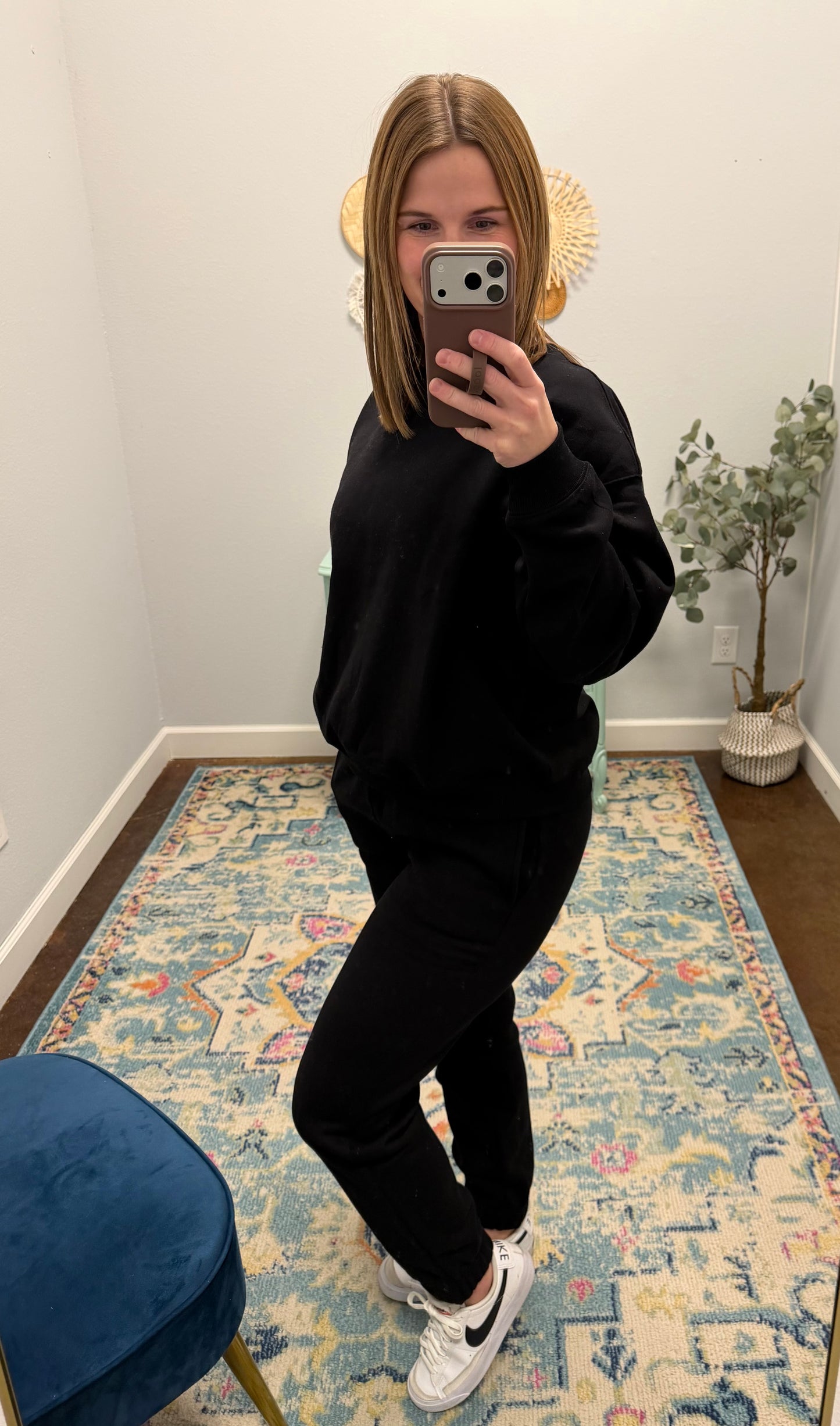 Fleece Long Sleeve Jogger Set, Black