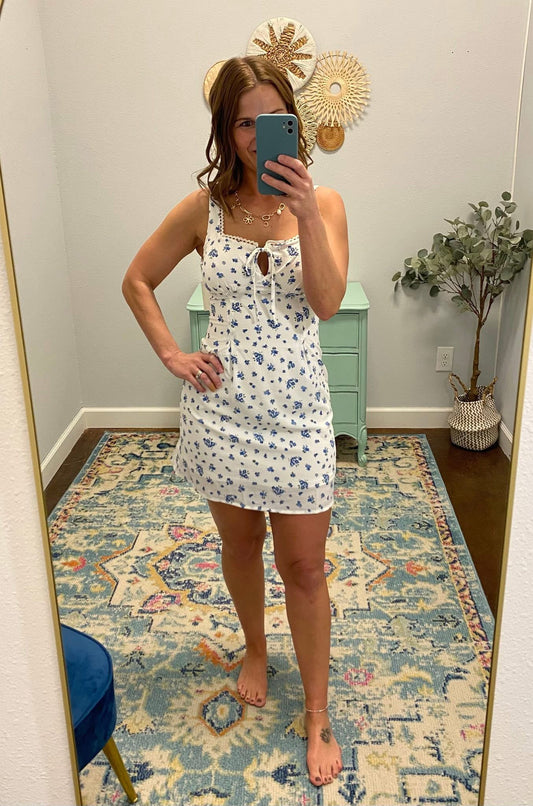 Floral Square Neck Lace Trim Dress, Blue