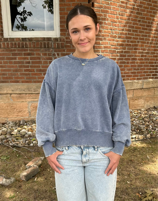 Acid Wash Oversized Fleece Pullover, Dusty Blue