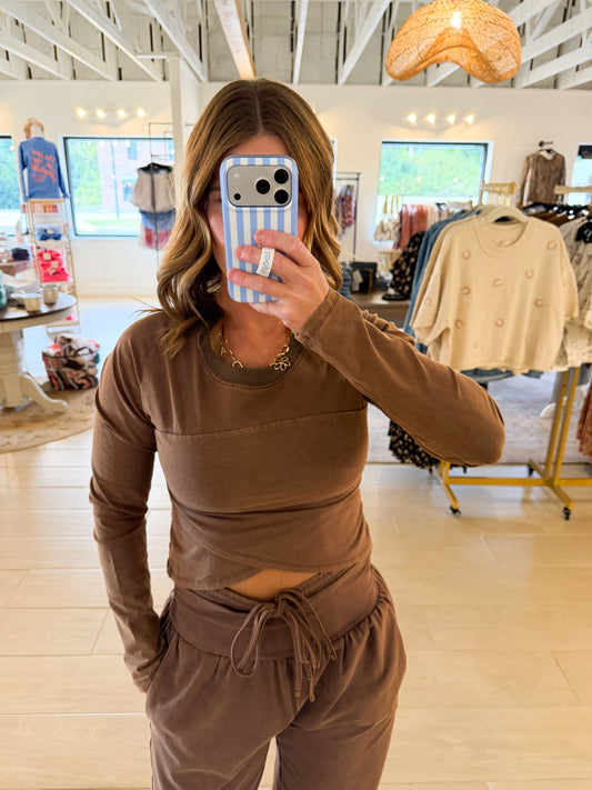 Mineral Washed Cropped Long Sleeve Top, Brown