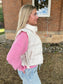 Side Bow Tie Front Zipper Crop Puffer Vest, Ecru