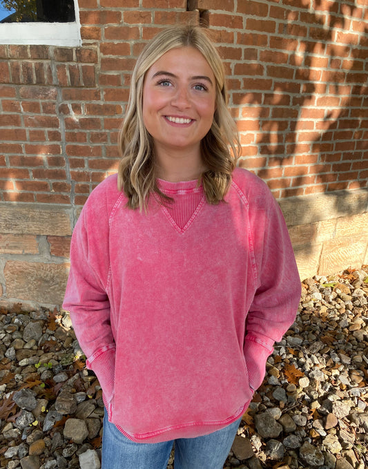 Snow Washed French Terry Round Neck Pullover, Red