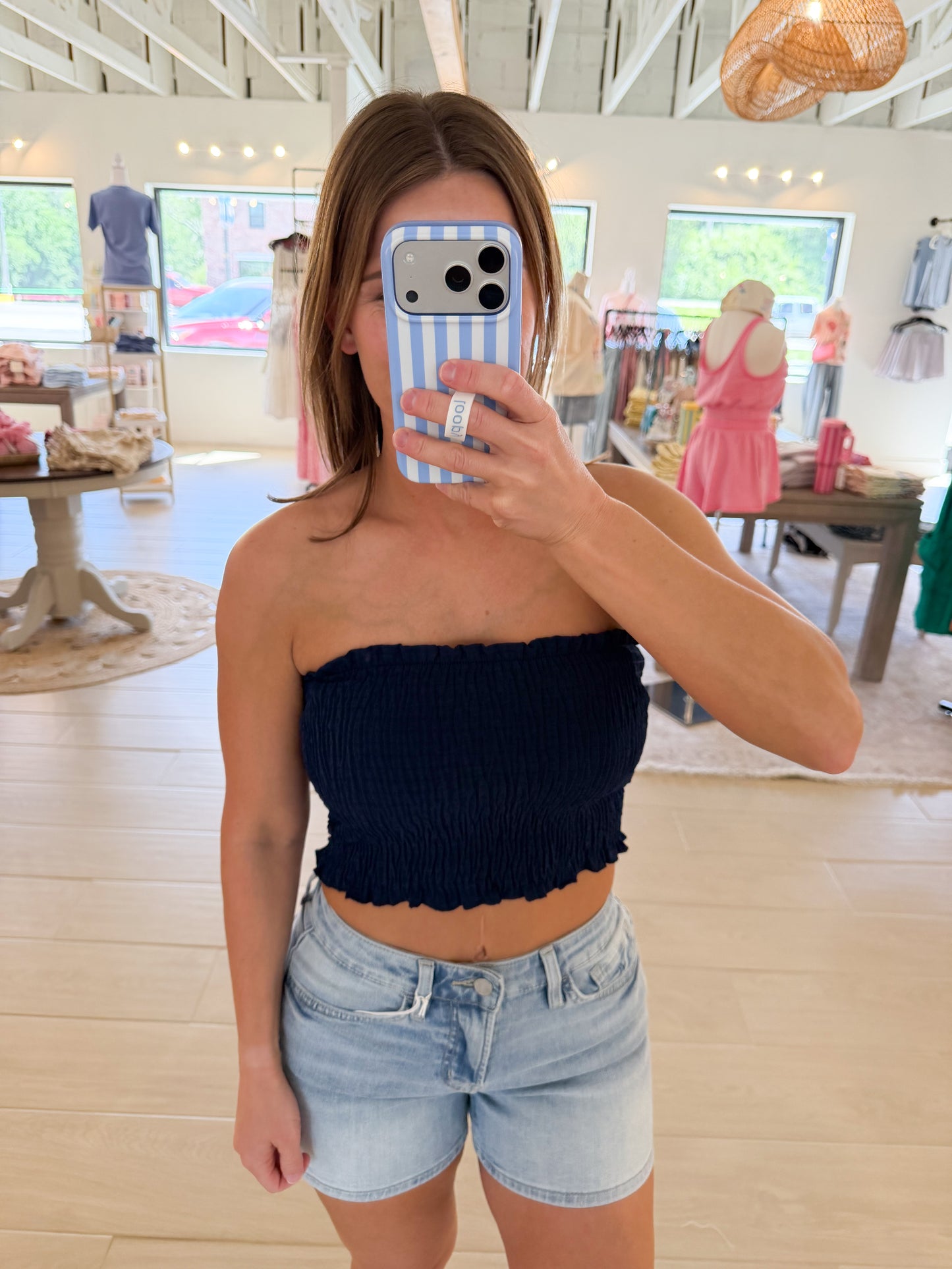 Smocked Bandeau Top, Navy