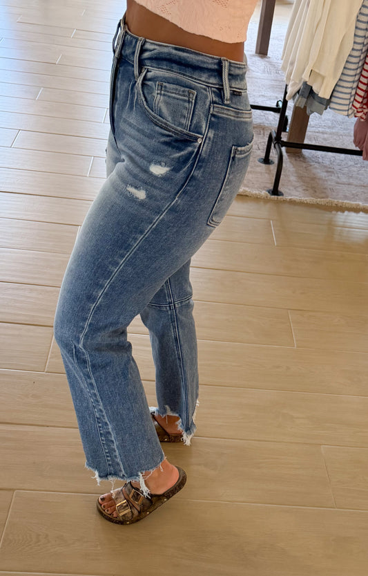 Risen High Rise Crop Straight Distressed Jeans