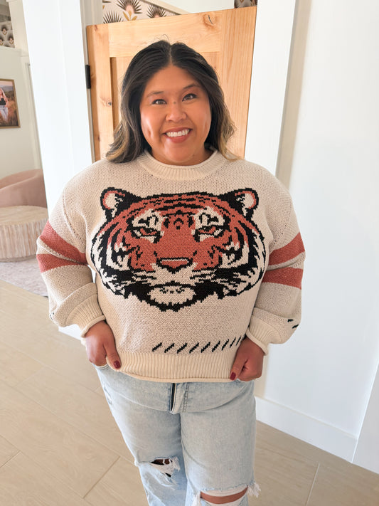 Tiger Embroidery Round Neck Sweater