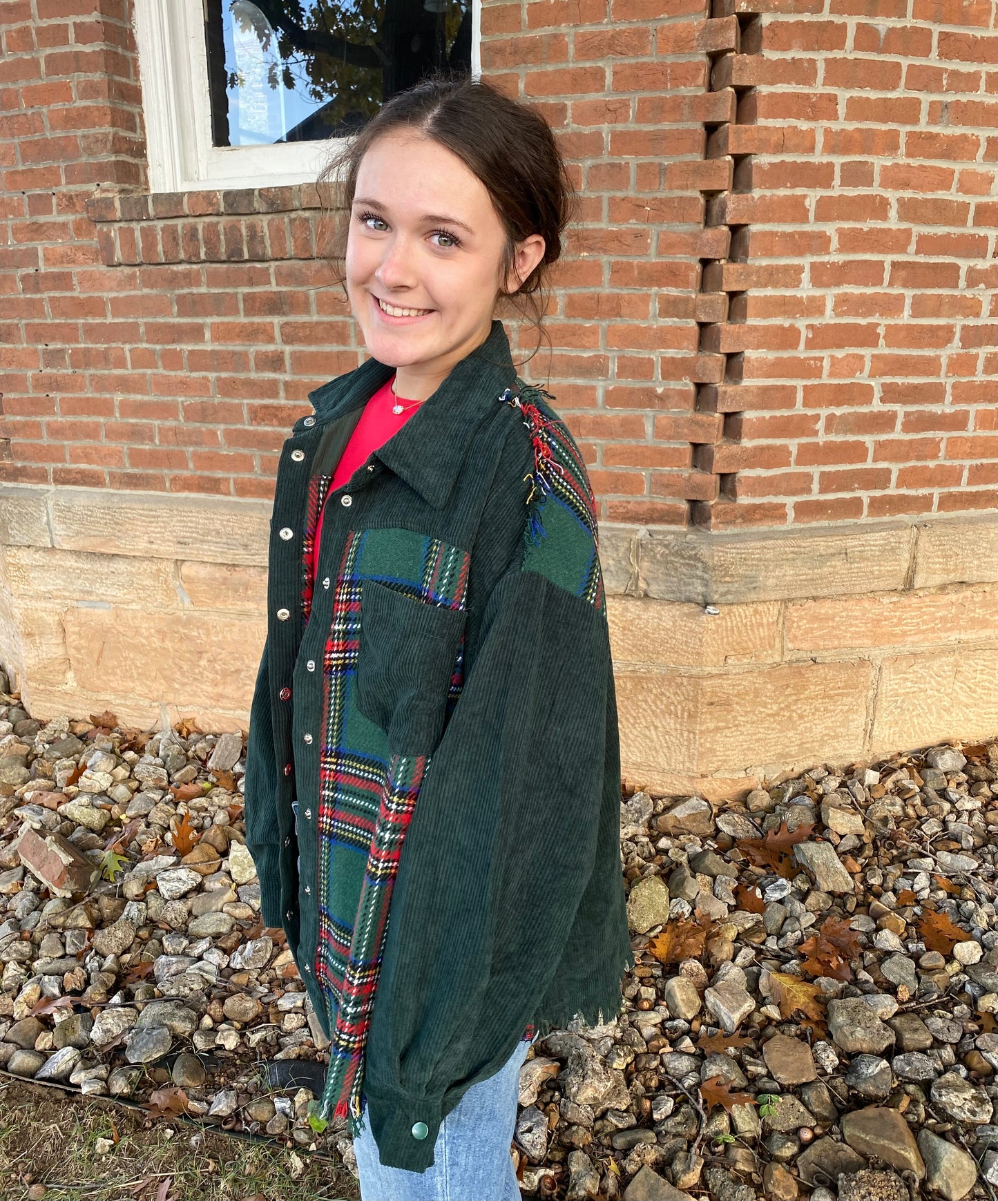 Frayed Corduroy Plaid Jacket, Green